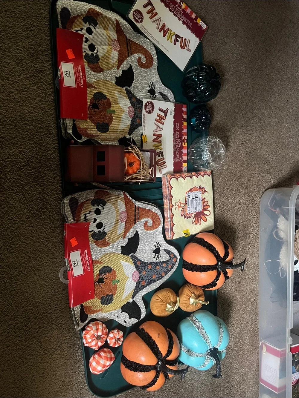 Autumn Thankful Pumpkin & Cat Table Decor Set - Orange, Teal, Gold